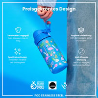 Detská nerezová fľaša na vodu ion8, 400 ml, plameniaky, nepriepustná, s výklopným viečkom, otváranie jednou rukou, vhodná do umývačky riadu, ľahká 6