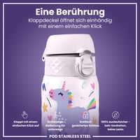 Detská nerezová fľaša na vodu ion8, 400 ml, ružový jednorožec, nepriepustná, otváranie jednou rukou, výklopný uzáver, vhodná do umývačky riadu, ľahká 3