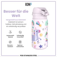 Detská nerezová fľaša na vodu ion8, 400 ml, ružový jednorožec, nepriepustná, otváranie jednou rukou, výklopný uzáver, vhodná do umývačky riadu, ľahká 5