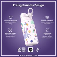 Detská nerezová fľaša na vodu ion8, 400 ml, ružový jednorožec, nepriepustná, otváranie jednou rukou, výklopný uzáver, vhodná do umývačky riadu, ľahká 6