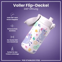 Detská nerezová fľaša na vodu ion8, 400 ml, ružový jednorožec, nepriepustná, otváranie jednou rukou, výklopný uzáver, vhodná do umývačky riadu, ľahká 4