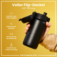 Sticlă de apă pentru copii ion8 din oțel inoxidabil 400 ml, etanșă, deschidere cu o singură mână, închidere de siguranță, lavabilă în mașina de spălat vase, mâner pliabil, negru 5