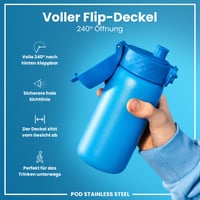 Detská nerezová fľaša na vodu ion8, 400 ml, nepriepustná, otváranie jednou rukou, vhodná do umývačky riadu, uzatvárateľný kryt, pútko na nosenie, modrá 5