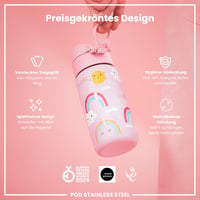 Detská nerezová fľaša na vodu ion8 400 ml, nepriepustná, otváranie jednou rukou, dúhový vzor — vyskúšaná (stav: pozri 2. obrázok) 9