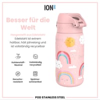 Detská nerezová fľaša na vodu ion8 400 ml, nepriepustná, otváranie jednou rukou, dúhový vzor — vyskúšaná (stav: pozri 2. obrázok) 8