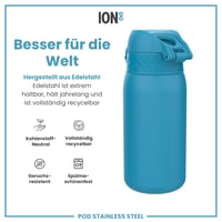 Detská nerezová fľaša na vodu ion8, 400 ml, nepriepustná, otváranie jednou rukou, vhodná do umývačky riadu, uzatvárateľný kryt, pútko na nosenie, modrá 6