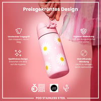 Detská nerezová fľaša na vodu ion8 400 ml, nepriepustná, otváranie jednou rukou, vhodná do umývačky riadu, vyklápacie viečko, ľahká, so vzorom sedmokrások 6