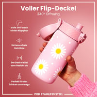 Detská nerezová fľaša na vodu ion8 400 ml, nepriepustná, otváranie jednou rukou, vhodná do umývačky riadu, vyklápacie viečko, ľahká, so vzorom sedmokrások 4