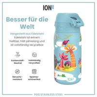 Detská nerezová fľaša na vodu ion8, 400 ml, motív Safari, nepriepustná, otváranie jednou rukou — používaná (stav: pozri 2. obrázok) 8