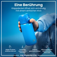 Detská nerezová fľaša na vodu ion8, 400 ml, nepriepustná, otváranie jednou rukou, vhodná do umývačky riadu, uzatvárateľný kryt, pútko na nosenie, modrá 4