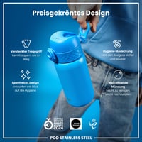 Detská nerezová fľaša na vodu ion8, 400 ml, nepriepustná, otváranie jednou rukou, vhodná do umývačky riadu, uzatvárateľný kryt, pútko na nosenie, modrá 7