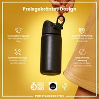Sticlă de apă pentru copii ion8 din oțel inoxidabil 400 ml, etanșă, deschidere cu o singură mână, închidere de siguranță, lavabilă în mașina de spălat vase, mâner pliabil, negru 7
