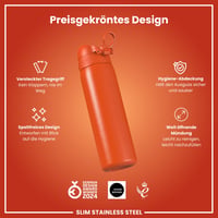 ion8 Ľahká oceľová fľaša na vodu 600 ml oranžová, nepriepustná, otváranie jednou rukou, výklopný uzáver, vhodná do umývačky riadu, s praktickým pútkom na nosenie 6