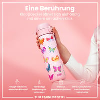 Ľahká oceľová fľaša na vodu ion8 600 ml s motívom motýľa, nepriepustná, otváranie jednou rukou, uzáver s poistkou, vhodná do umývačky riadu, s držiakom 3