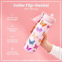 Ľahká oceľová fľaša na vodu ion8 600 ml s motívom motýľa, nepriepustná, otváranie jednou rukou, uzáver s poistkou, vhodná do umývačky riadu, s držiakom 4