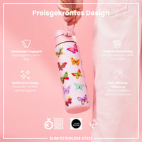 Ľahká oceľová fľaša na vodu ion8 600 ml s motívom motýľa, nepriepustná, otváranie jednou rukou, uzáver s poistkou, vhodná do umývačky riadu, s držiakom 6
