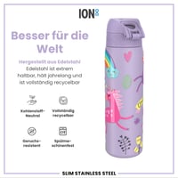 Ľahká oceľová fľaša na vodu ion8 600 ml, nepriepustná, otváranie jednou rukou, vyklápací uzáver, s úchytom, vhodná do umývačky riadu, fialová s jednorožcami 5