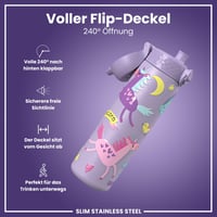 Ľahká oceľová fľaša na vodu ion8 600 ml, nepriepustná, otváranie jednou rukou, vyklápací uzáver, s úchytom, vhodná do umývačky riadu, fialová s jednorožcami 4