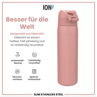 Sticlă de apă ușoară din oțel ion8 600 ml, etanșă, deschidere cu o singură mână, compatibilă cu mașina de spălat vase, capac cu închidere sigură, mâner de transport, roz pudrat 5