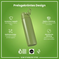 Ľahká oceľová fľaša na vodu ion8 600 ml, nepriepustná, otváranie jednou rukou, vhodná do umývačky riadu, výklopný uzáver, rukoväť na prenášanie, kaki zelená 6