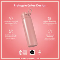 Sticlă de apă ușoară din oțel ion8 600 ml, etanșă, deschidere cu o singură mână, compatibilă cu mașina de spălat vase, capac cu închidere sigură, mâner de transport, roz pudrat 6