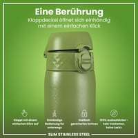 Ľahká oceľová fľaša na vodu ion8 600 ml, nepriepustná, otváranie jednou rukou, vhodná do umývačky riadu, výklopný uzáver, rukoväť na prenášanie, kaki zelená 3
