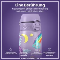 Ľahká oceľová fľaša na vodu ion8 600 ml, nepriepustná, otváranie jednou rukou, vyklápací uzáver, s úchytom, vhodná do umývačky riadu, fialová s jednorožcami 3