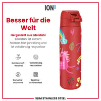 Ľahká oceľová fľaša na vodu ion8 600 ml, nepriepustná, otváranie jednou rukou, vyklápacie viečko, rukoväť, vhodná do umývačky riadu, červená s motívom jednorožca 5