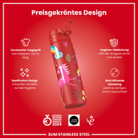 Ľahká oceľová fľaša na vodu ion8 600 ml, nepriepustná, otváranie jednou rukou, vyklápacie viečko, rukoväť, vhodná do umývačky riadu, červená s motívom jednorožca 6
