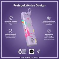 Ľahká oceľová fľaša na vodu ion8 600 ml, nepriepustná, otváranie jednou rukou, vyklápací uzáver, s úchytom, vhodná do umývačky riadu, fialová s jednorožcami 6