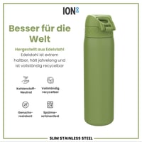 Ľahká oceľová fľaša na vodu ion8 600 ml, nepriepustná, otváranie jednou rukou, vhodná do umývačky riadu, výklopný uzáver, rukoväť na prenášanie, kaki zelená 5