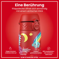 Ľahká oceľová fľaša na vodu ion8 600 ml, nepriepustná, otváranie jednou rukou, vyklápacie viečko, rukoväť, vhodná do umývačky riadu, červená s motívom jednorožca 3