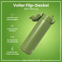 Ľahká oceľová fľaša na vodu ion8 600 ml, nepriepustná, otváranie jednou rukou, vhodná do umývačky riadu, výklopný uzáver, rukoväť na prenášanie, kaki zelená 4