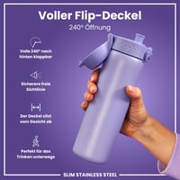 Sticlă de apă ion8 din oțel inoxidabil ușor, 600 ml, etanșă, deschidere cu o singură mână, lavabilă în mașina de spălat vase, capac cu clapetă, mâner de transport, lila deschis 4