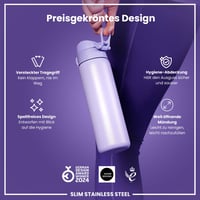 Sticlă de apă ion8 din oțel inoxidabil ușor, 600 ml, etanșă, deschidere cu o singură mână, lavabilă în mașina de spălat vase, capac cu clapetă, mâner de transport, lila deschis 6