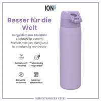 Sticlă de apă ion8 din oțel inoxidabil ușor, 600 ml, etanșă, deschidere cu o singură mână, lavabilă în mașina de spălat vase, capac cu clapetă, mâner de transport, lila deschis 5