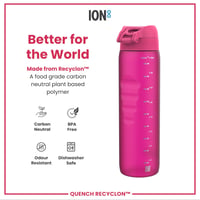 Fľaša na vodu Ion8 Recyclon 1000 ml, ružová, nepriepustná, s výklopným vekom, rukoväťou na prenášanie, bez BPA, vhodná do umývačky riadu, na šport a tréning 5