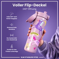 Nerezová fľaša na vodu ion8 600 ml, fialová s motívom jednorožca, nepriepustná, otváranie jednou rukou, vhodná do umývačky riadu, vyklápacie viečko s rukoväťou na prenášanie 4