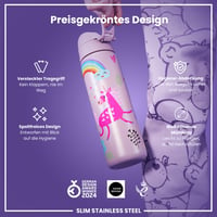 Nerezová fľaša na vodu ion8 600 ml, fialová s motívom jednorožca, nepriepustná, otváranie jednou rukou, vhodná do umývačky riadu, vyklápacie viečko s rukoväťou na prenášanie 6
