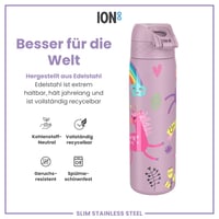 Nerezová fľaša na vodu ion8 600 ml, fialová s motívom jednorožca, nepriepustná, otváranie jednou rukou, vhodná do umývačky riadu, vyklápacie viečko s rukoväťou na prenášanie 5