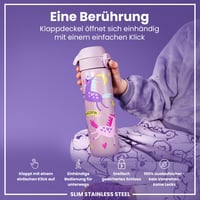 Nerezová fľaša na vodu ion8 600 ml, fialová s motívom jednorožca, nepriepustná, otváranie jednou rukou, vhodná do umývačky riadu, vyklápacie viečko s rukoväťou na prenášanie 3