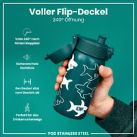ion8 Izolovaná fľaša z nehrdzavejúcej ocele 320 ml, so vzorom žraloka, nepriepustná, otváranie jednou rukou, výklopný uzáver, vhodná do umývačky riadu, s úchytom 4
