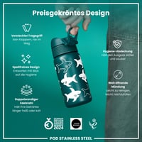 ion8 Izolovaná fľaša z nehrdzavejúcej ocele 320 ml, so vzorom žraloka, nepriepustná, otváranie jednou rukou, výklopný uzáver, vhodná do umývačky riadu, s úchytom 6