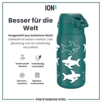 ion8 Izolovaná fľaša z nehrdzavejúcej ocele 320 ml, so vzorom žraloka, nepriepustná, otváranie jednou rukou, výklopný uzáver, vhodná do umývačky riadu, s úchytom 5