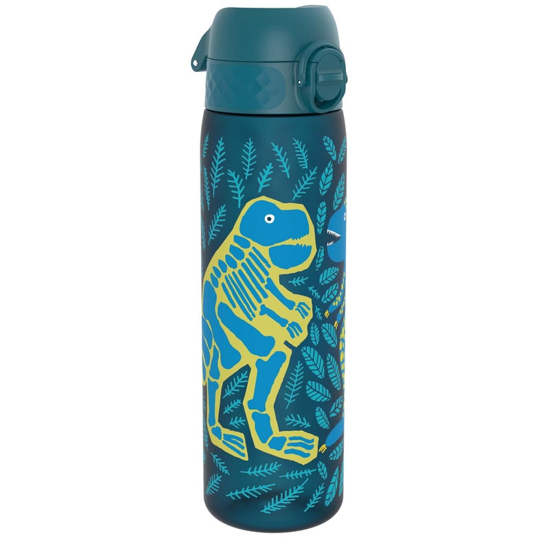 Fľaša na vodu Ion8 500 ml s motívom dinosaurov – nepriepustná, bez BPA, vhodná do umývačky riadu, uzamykateľné viečko, s rukoväťou, pre deti