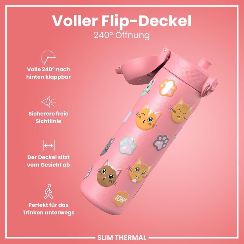 ion8 Vákuum Izolált Rozsdamentes Acél Kulacs 500ml, Szivárgatásmentes, Egykezes Nyitás, Macska Mintás - Evo, Insulated Steel