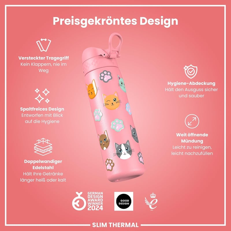 ion8 Vákuum Izolált Rozsdamentes Acél Kulacs 500ml, Szivárgatásmentes, Egykezes Nyitás, Macska Mintás - Evo, Insulated Steel