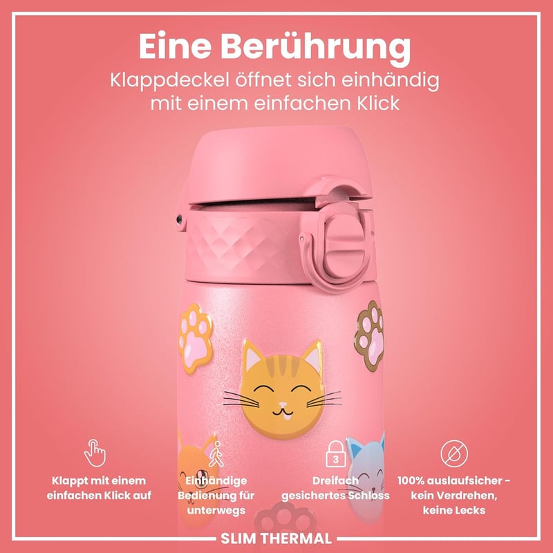 ion8 Vákuum Izolált Rozsdamentes Acél Kulacs 500ml, Szivárgatásmentes, Egykezes Nyitás, Macska Mintás - Evo, Insulated Steel
