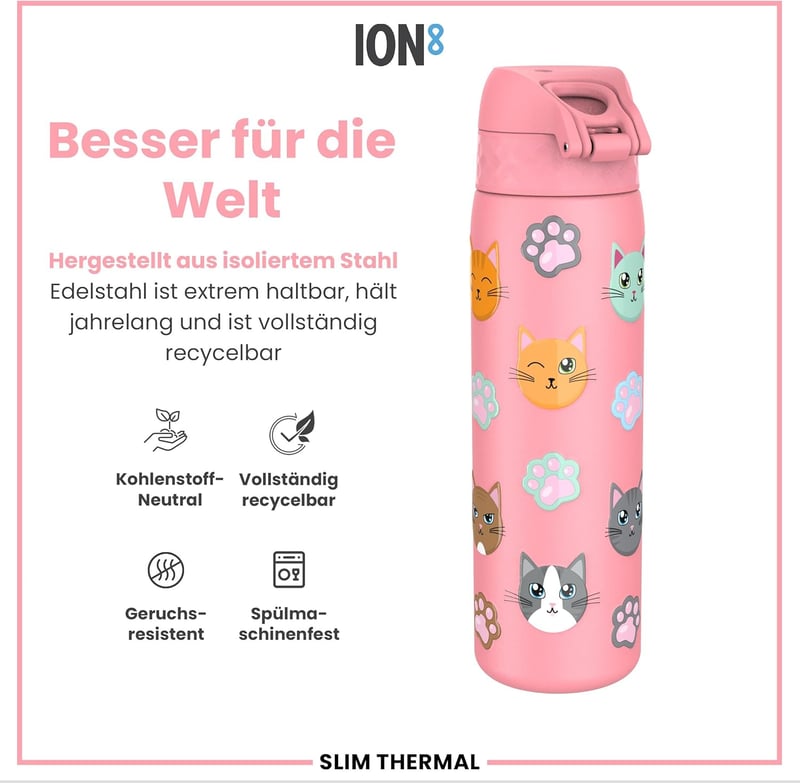 ion8 Vákuum Izolált Rozsdamentes Acél Kulacs 500ml, Szivárgatásmentes, Egykezes Nyitás, Macska Mintás - Evo, Insulated Steel