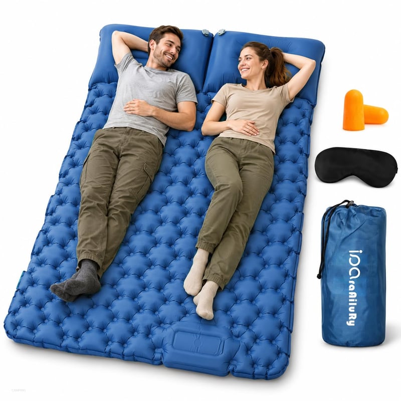 Saltea de camping gonflabilă iParaAiluRy 120x200 cm cu pernă, saltea pneumatică ultralight pentru 2 persoane pentru camping, drumeții, cu pompă de picior